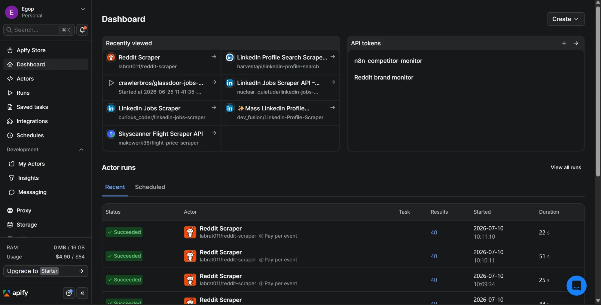 Apify console dashboard