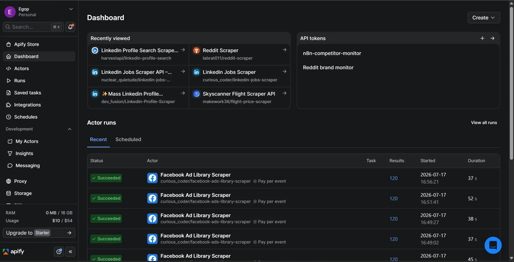 Apify console dashboard