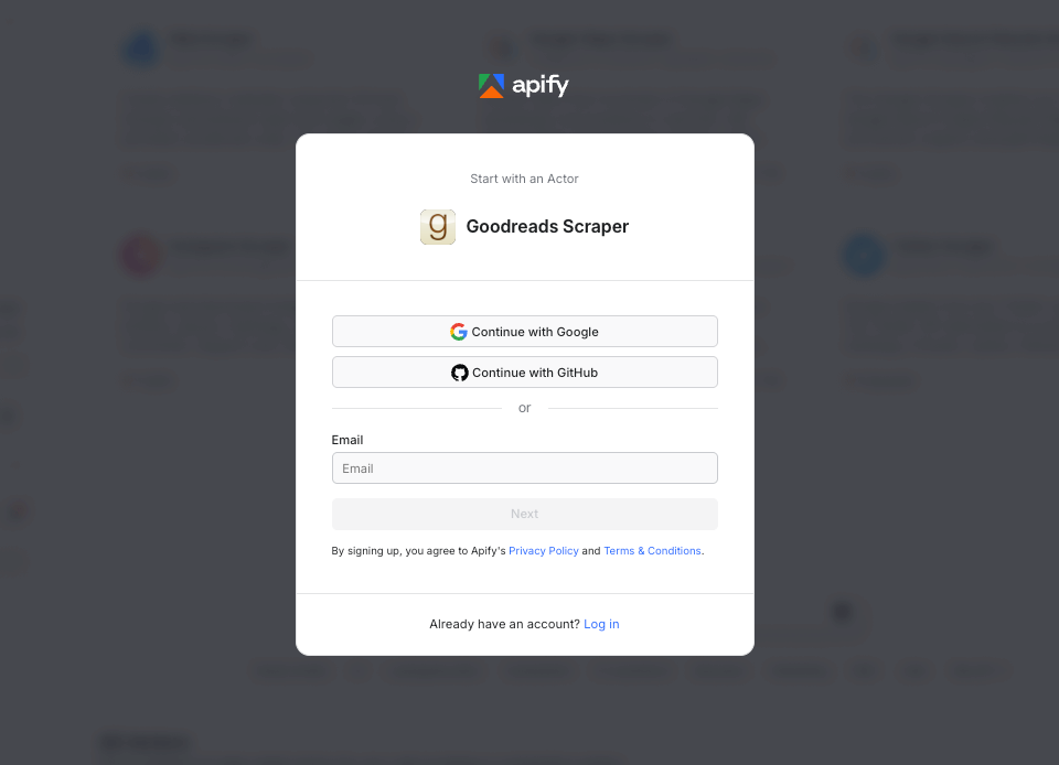 Apify Console - sign up with third party platforms
