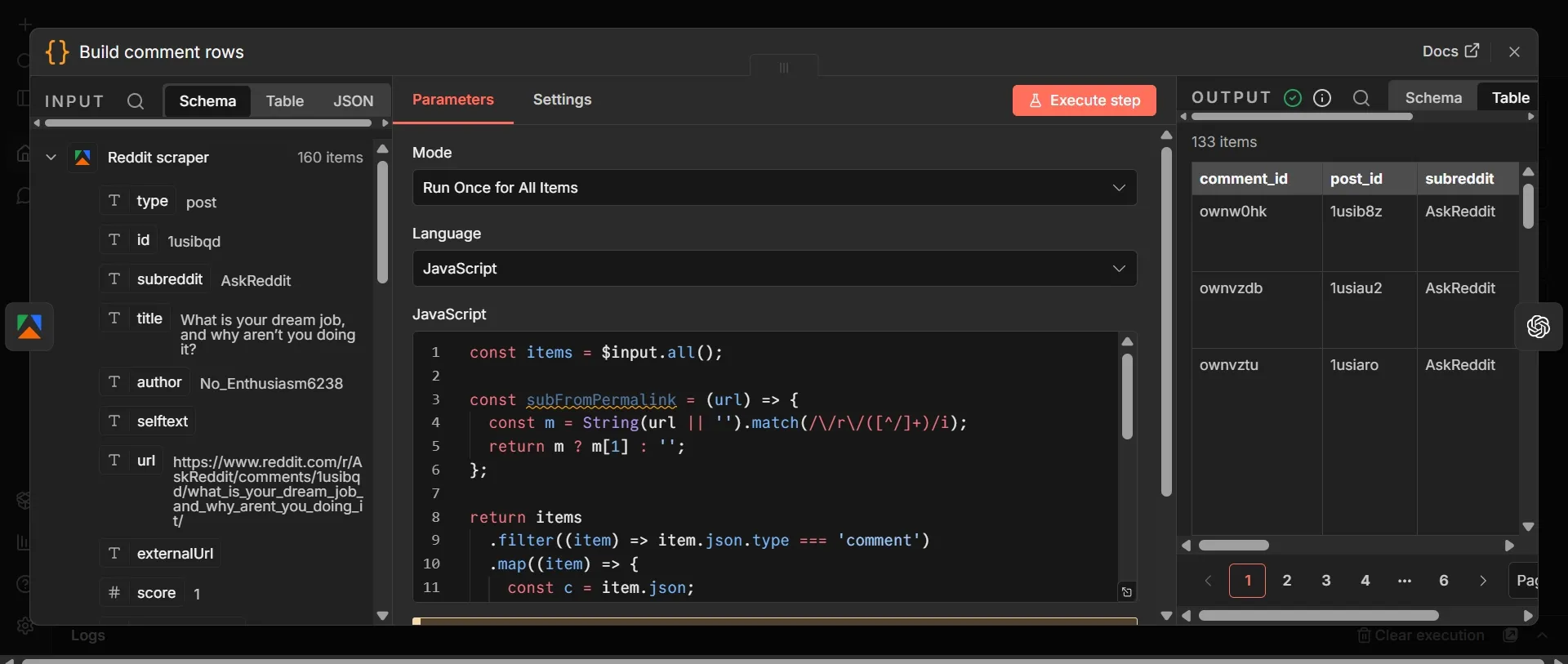Opened Build Comment rows node