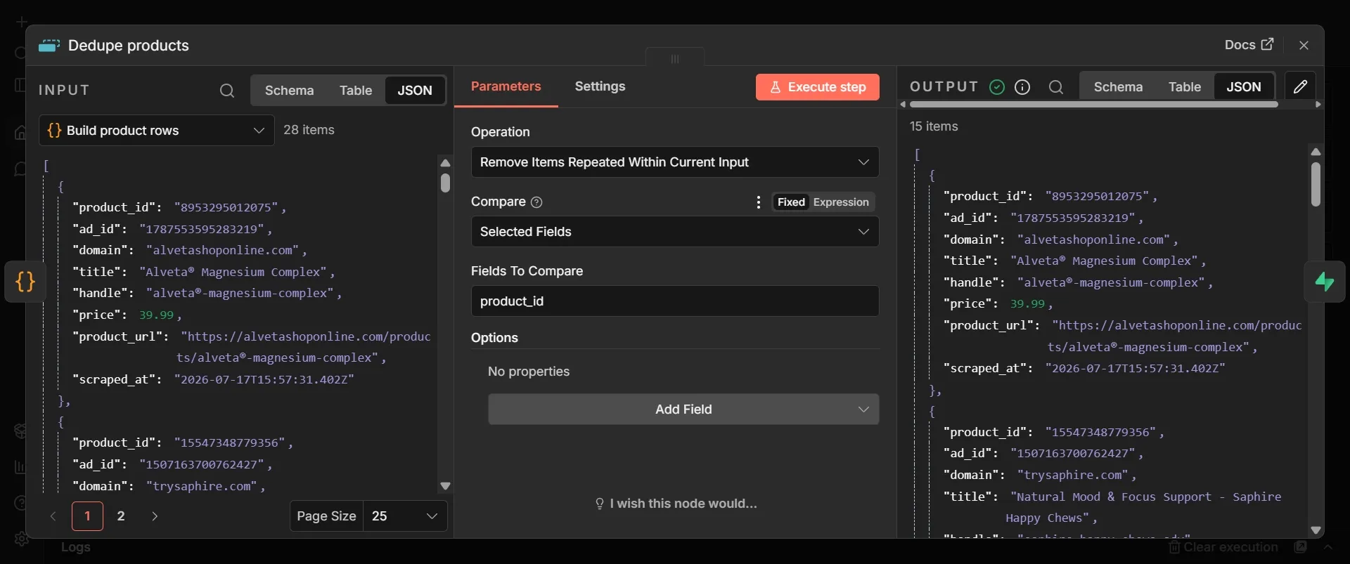 Dedupe products node