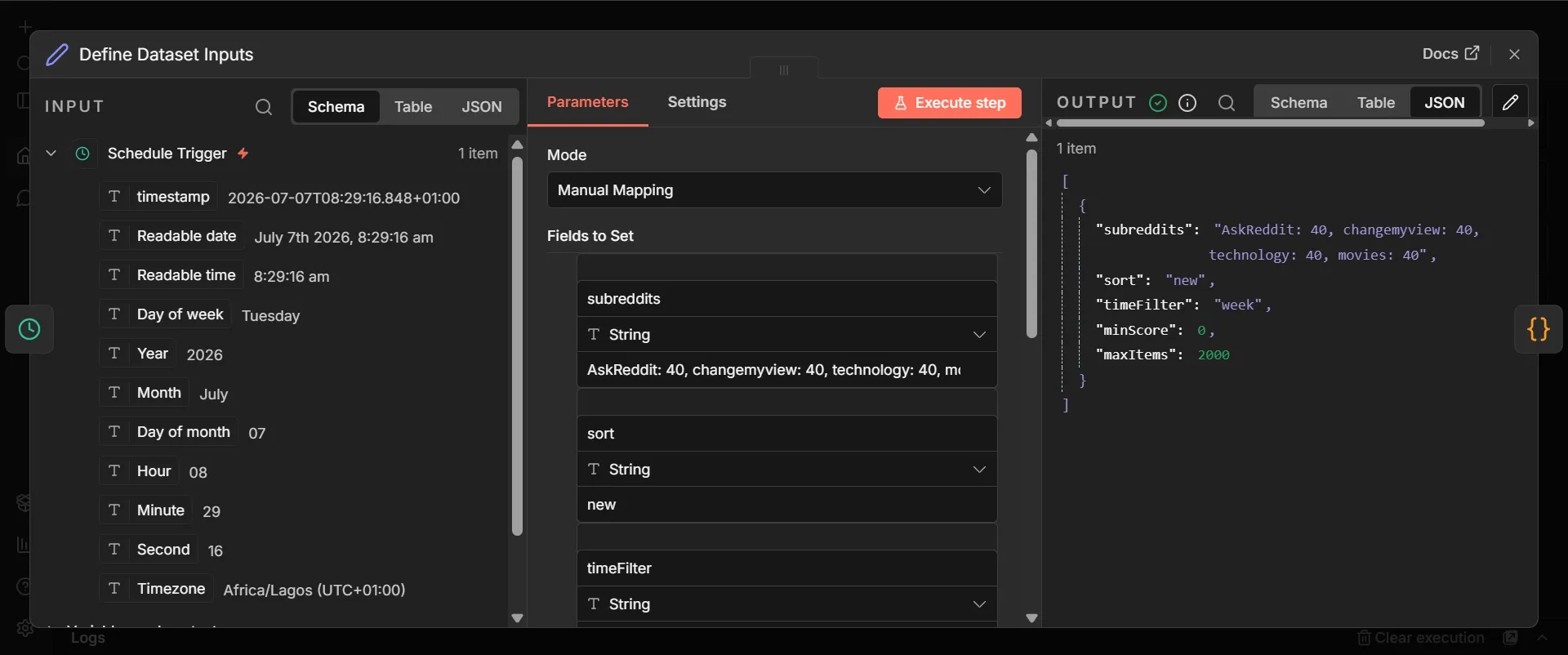 Opened Define Dataset Inputs node