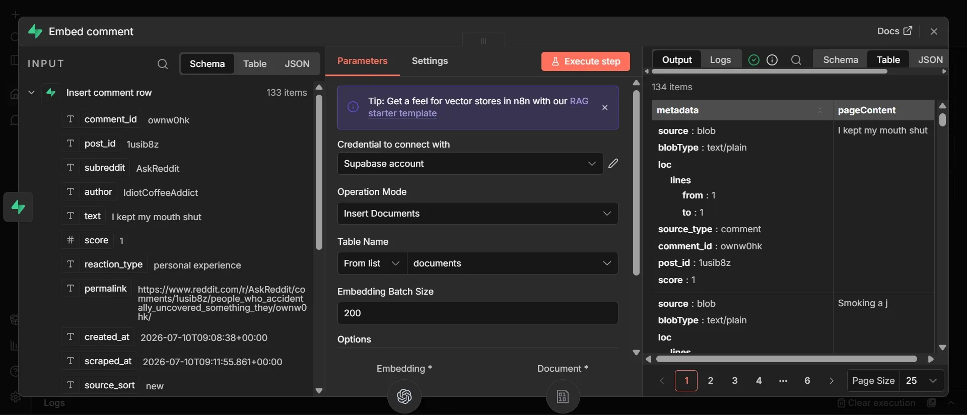 Opened Embed comment node