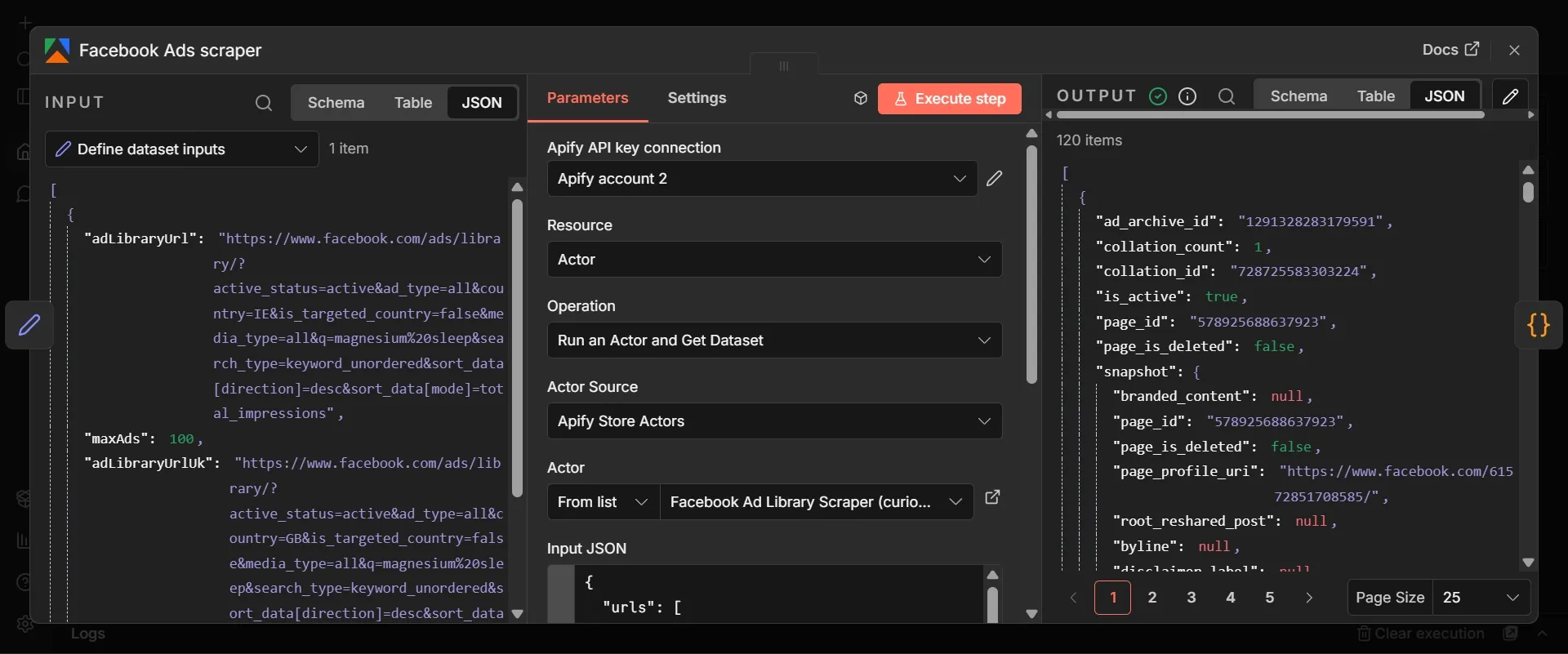 Facebook ads scraper Apify Actor node
