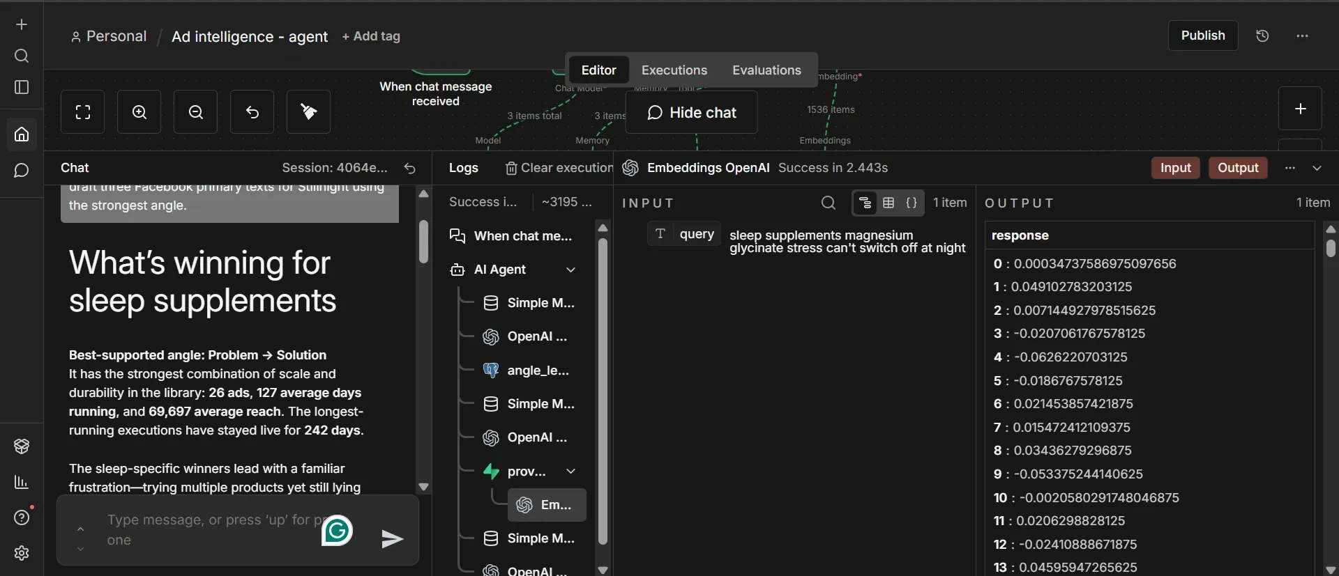 AI agent results based on executed workflows displayed within chat box