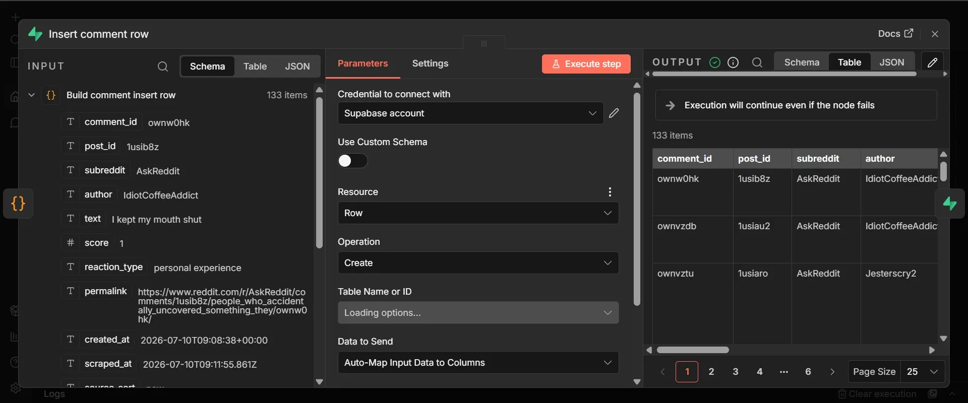 Opened insert comment row node