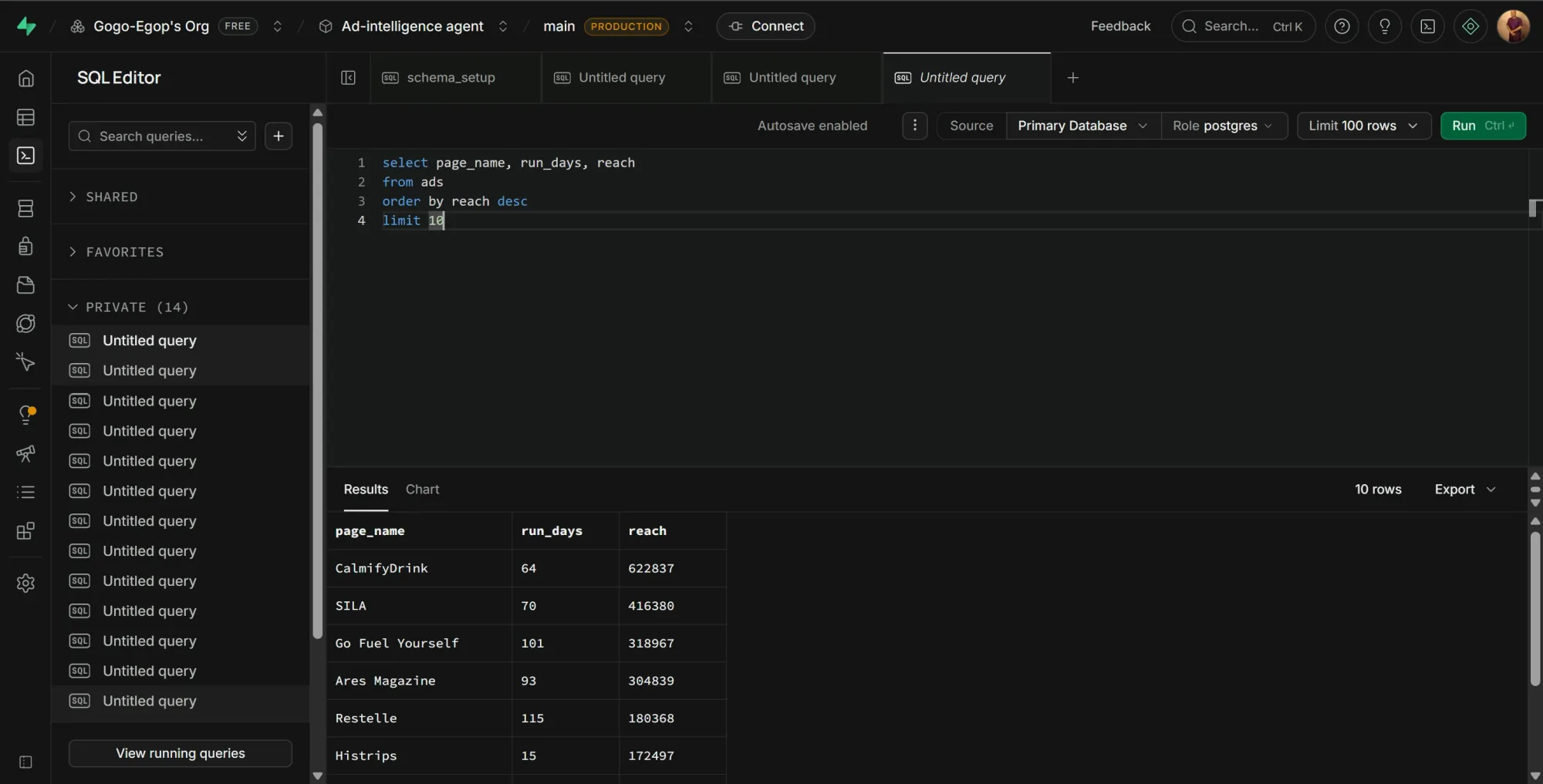 SQL editor query results displaying ad duration data