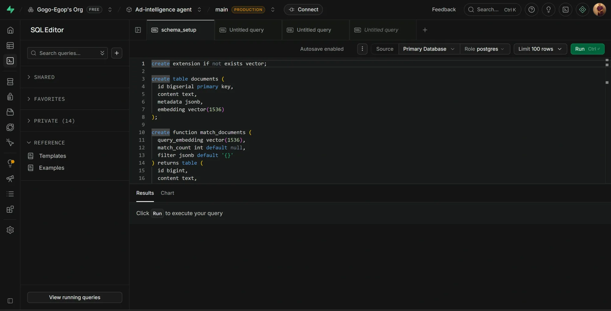 Supabase SQL Editor query page