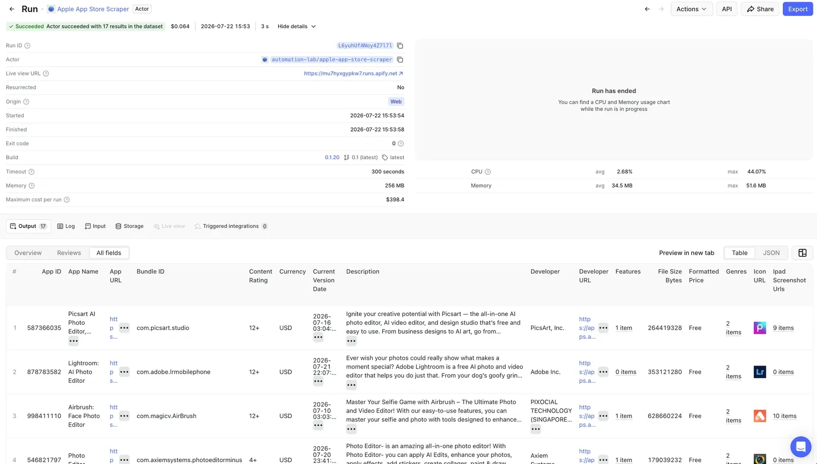 Pulled data in Apify Console
