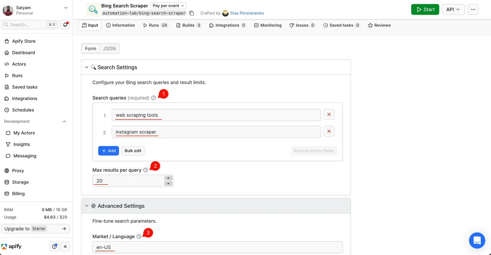 Bing Search Scraper input in Apify Console. The search queries are "web scraping tools" and "instagram scraper", the market is en-US, and max results per query is set to 20.