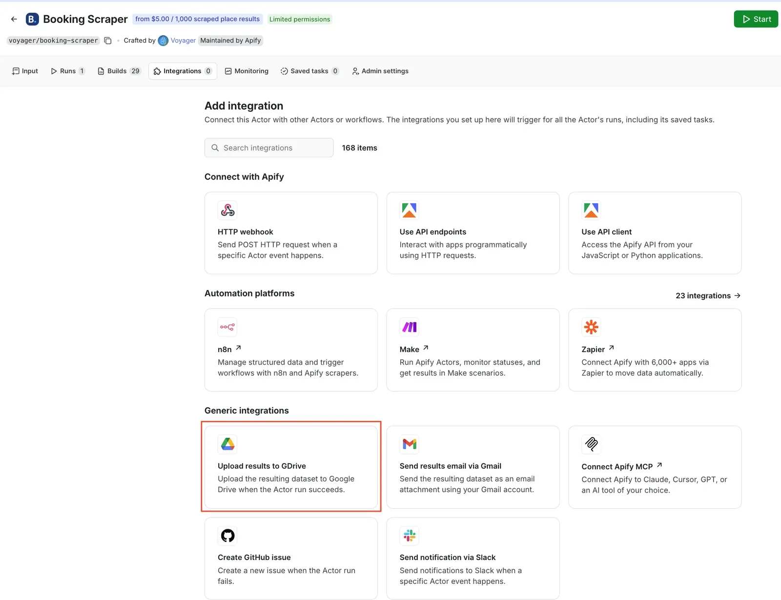 Upload results to GDrive integration in Apify Console
