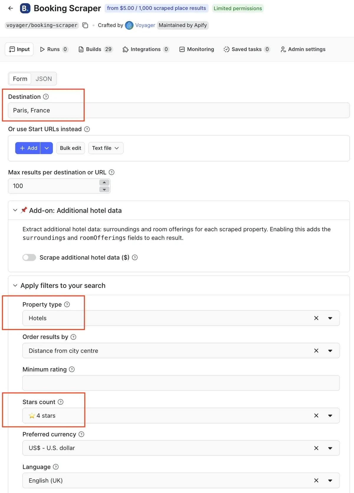 Booking Scraper UI input fields