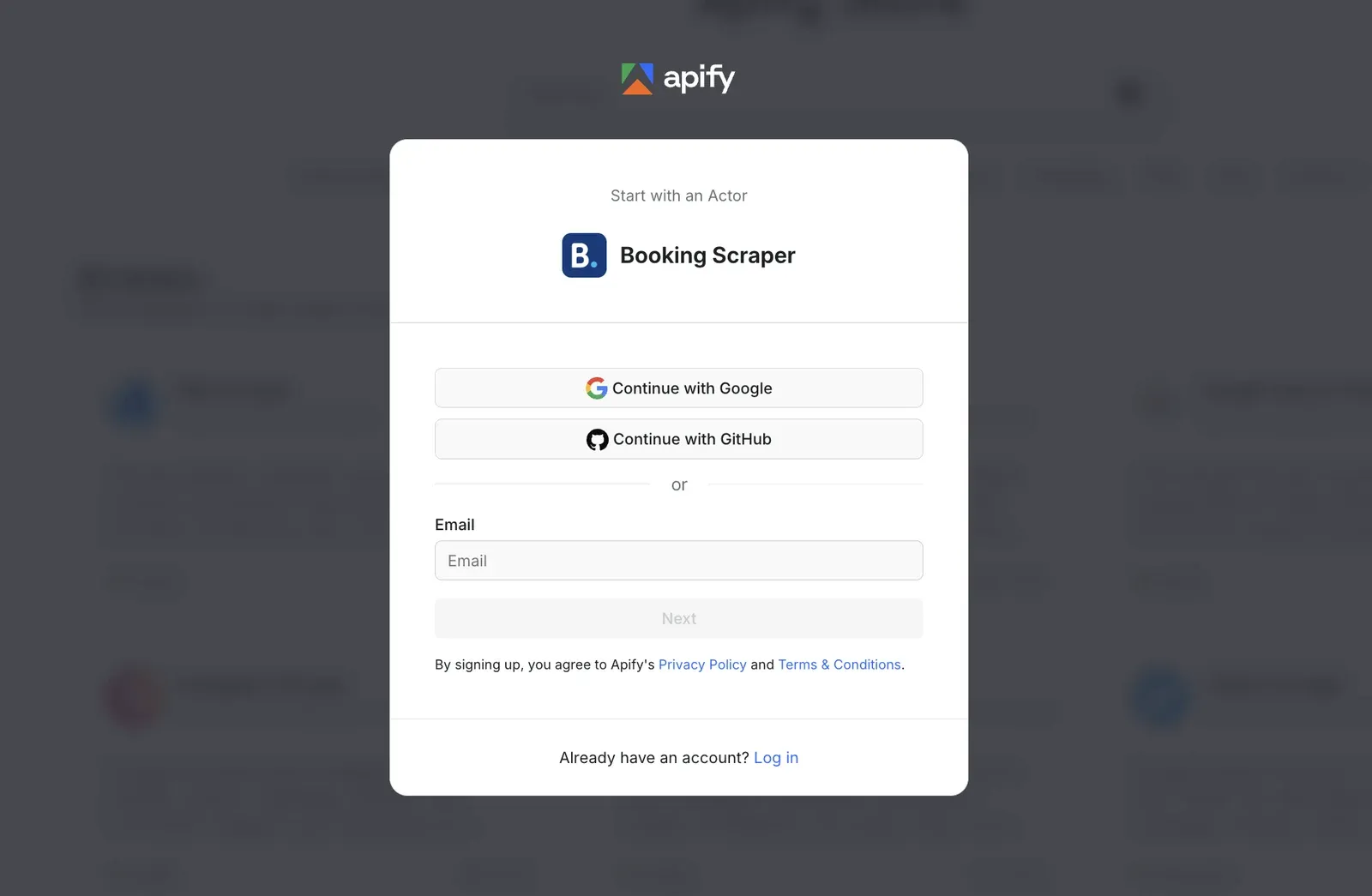 Apify Console sign-up page
