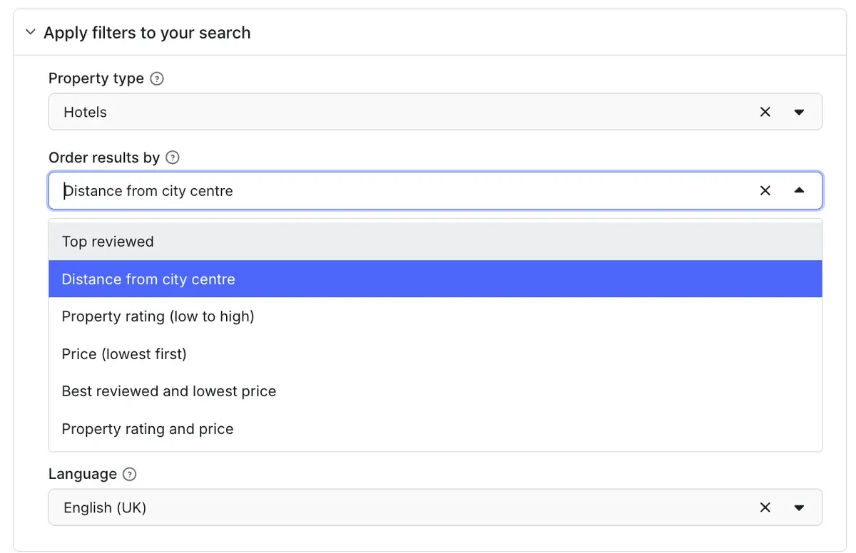 Booking Scraper filtering options - sort the results