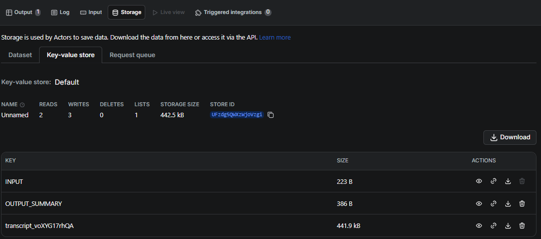Apify Key-Value Store showing INPUT, OUTPUT_SUMMARY, and transcript_voXYG17rhQA entries with download button