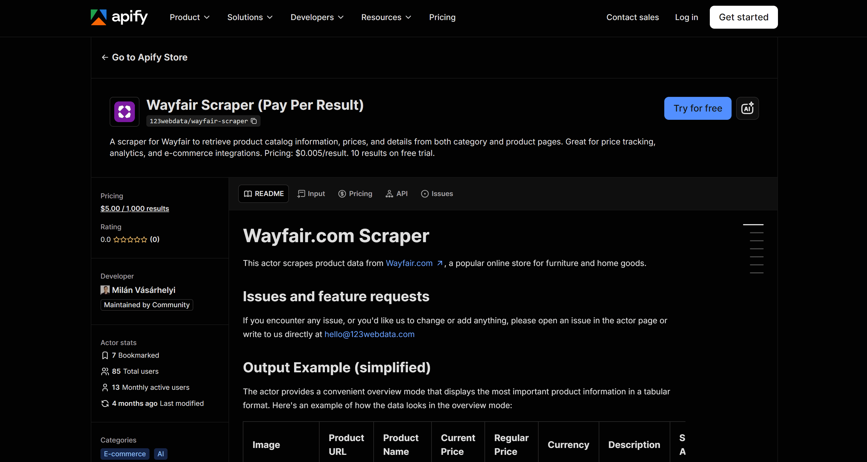 The Wayfair Scraper (Pay Per Result) Apify Actor overview page