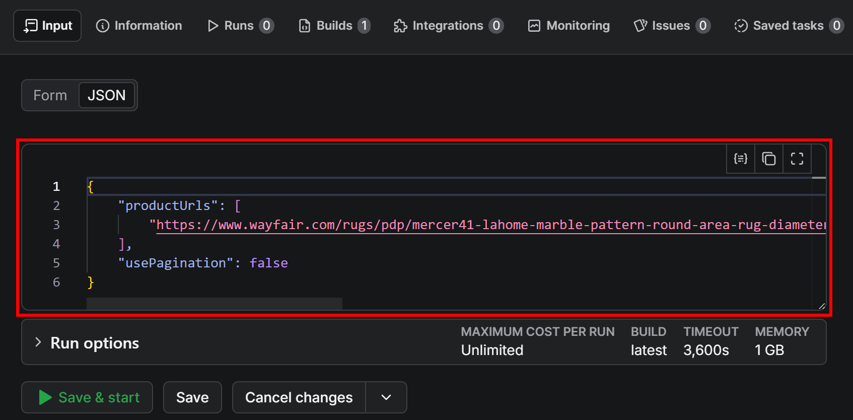 The JSON input configuration for the Actor
