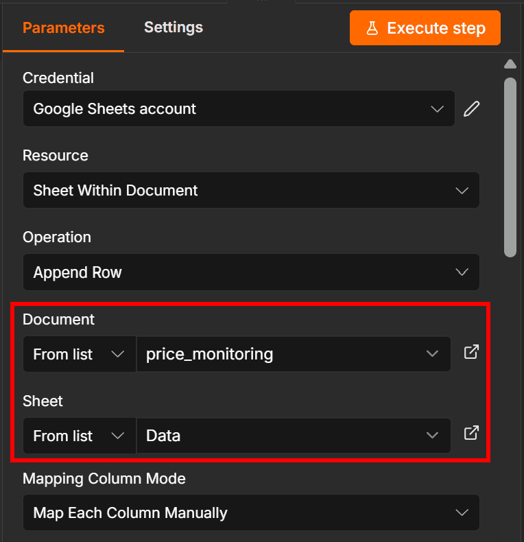 Configuring the node to append the scraped Wayfair product data to the destination Sheets document