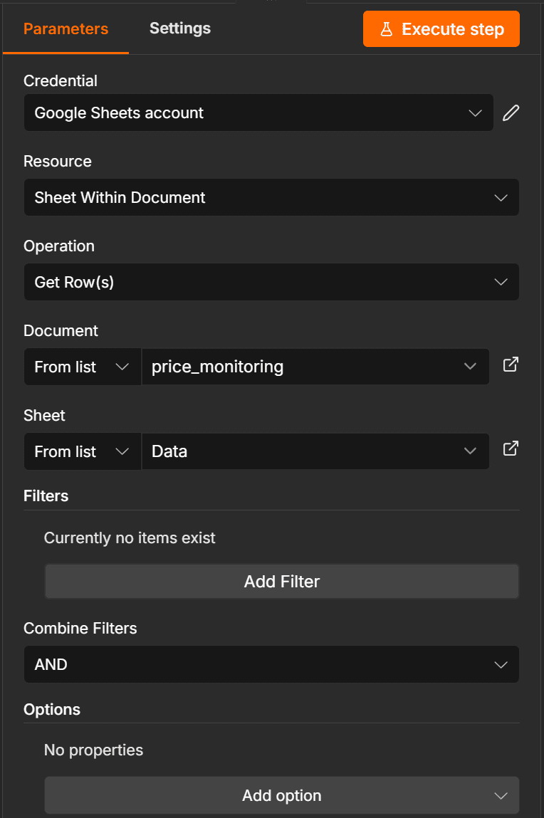 Configuring the Get row(s) in sheet action