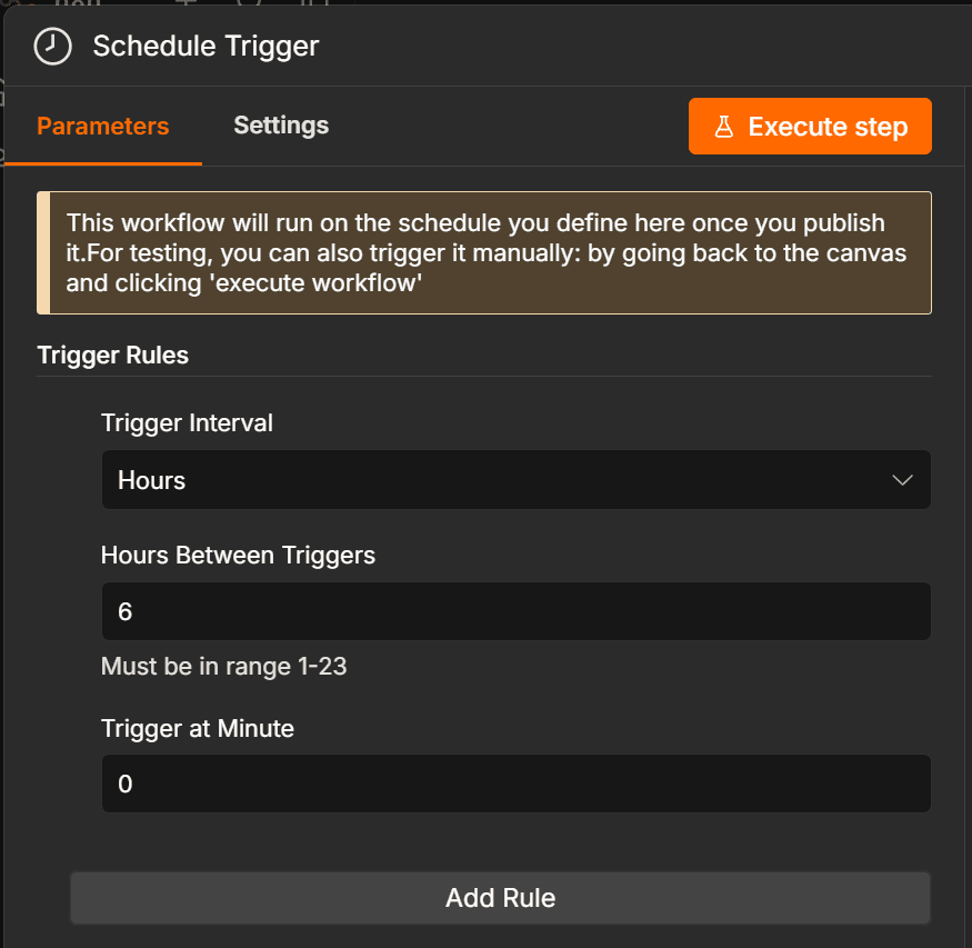 n8n Schedule Trigger set to run every 6 hours