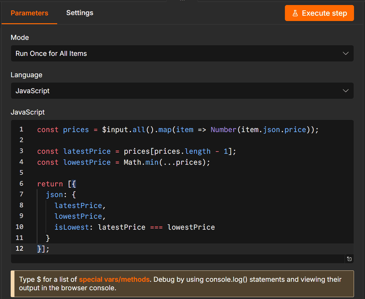 Configuring the code node to detect the lowest price