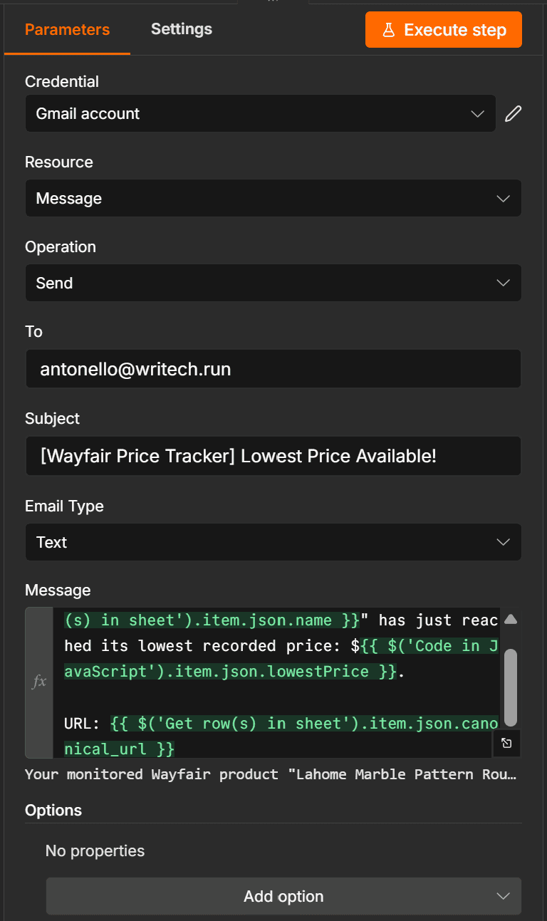 Configuring the Gmail node to send an email when the lowest price is detected