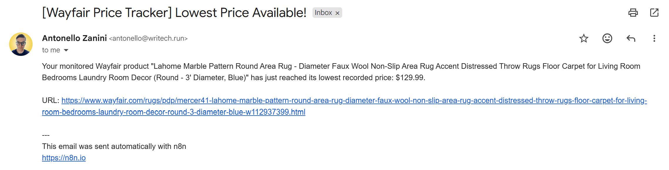 The email produced by the workflow