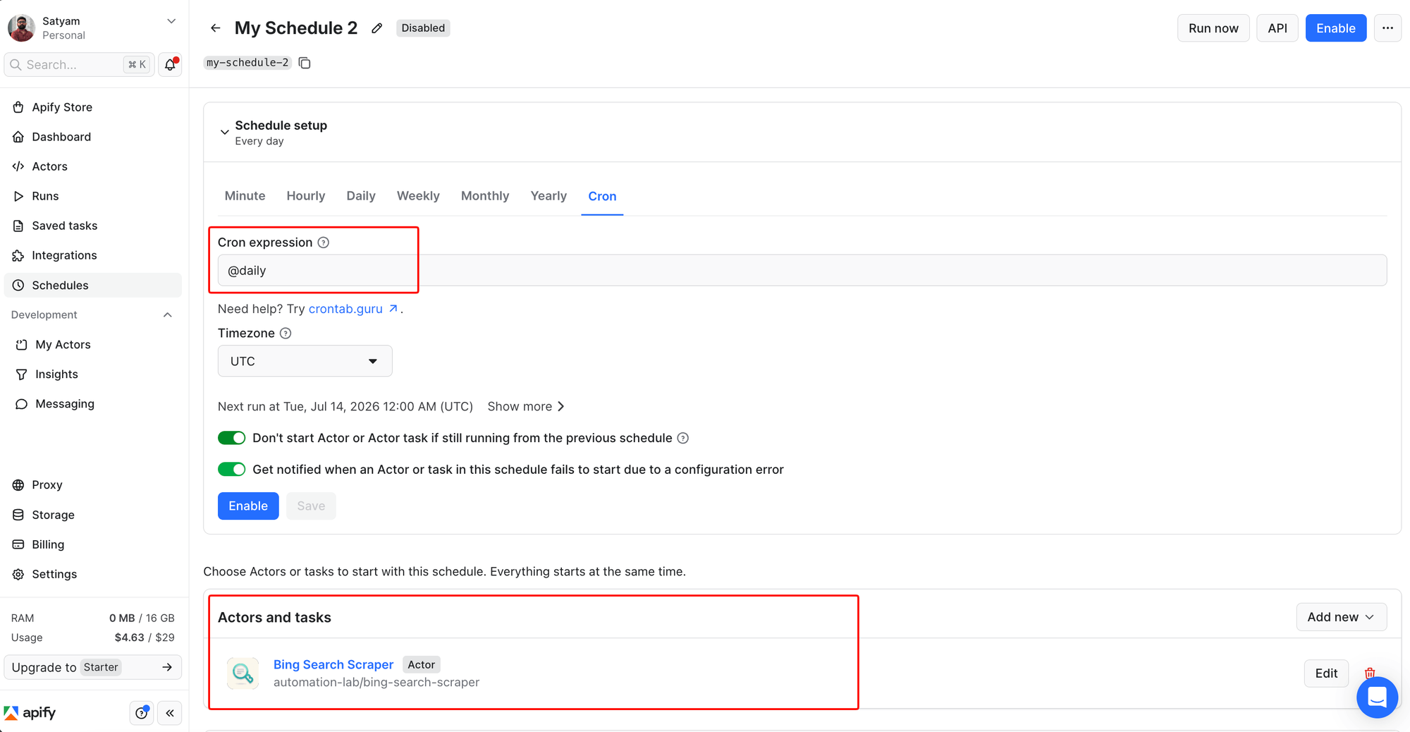 An Apify schedule set to run every day, cron @daily, with Bing Search Scraper by automation-lab attached under Actors and tasks.