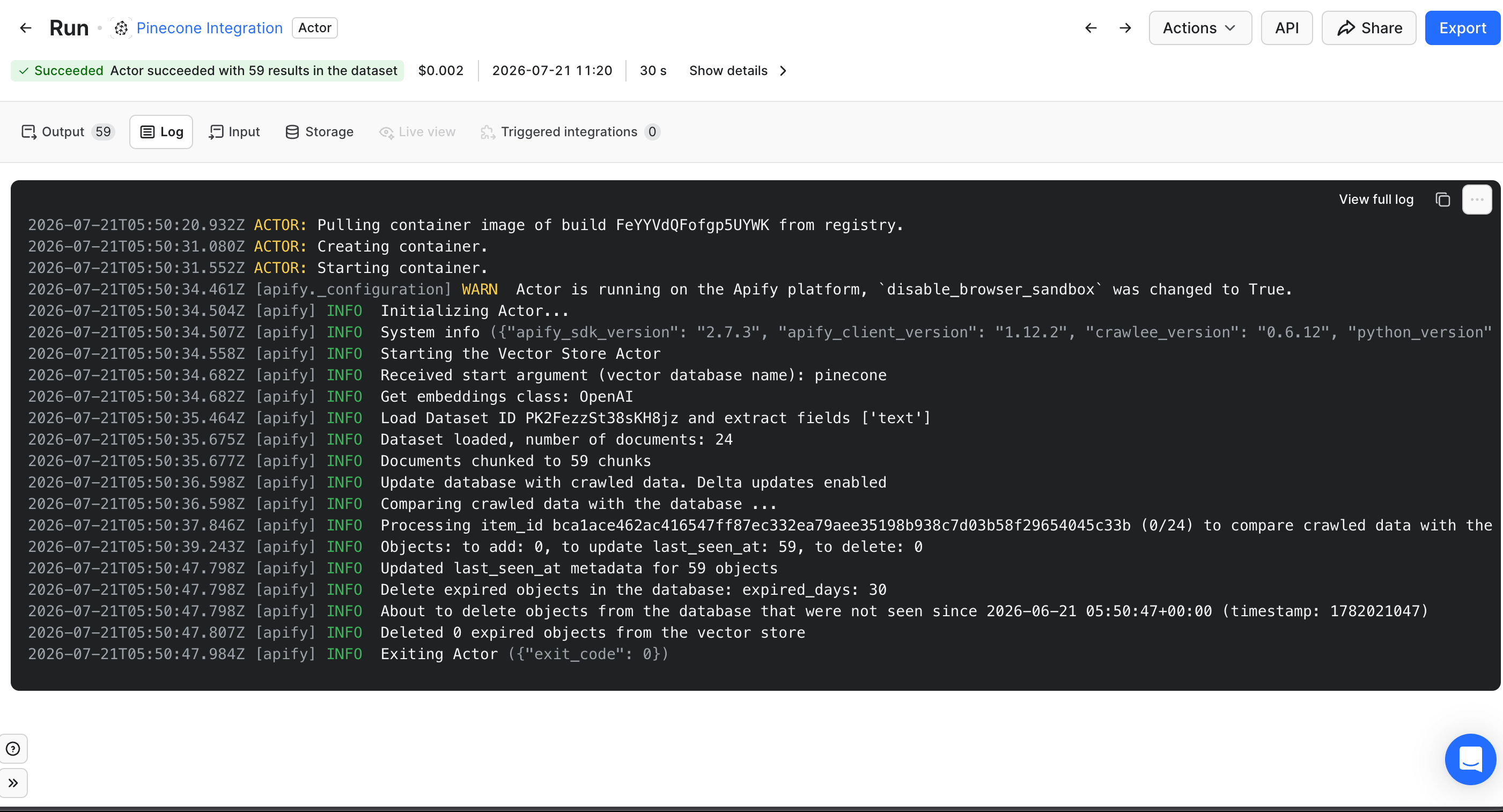 The run log of the unchanged re-index in Apify Console, showing the delta-update lines 