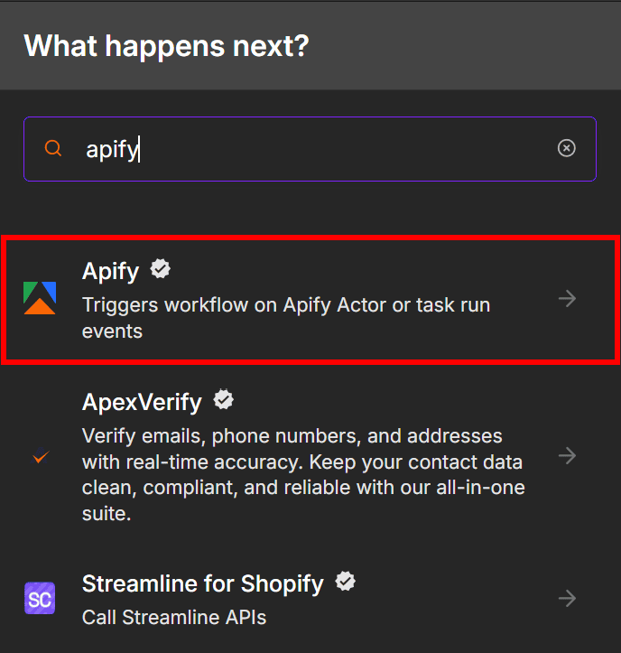 Selecting the “Apify” node