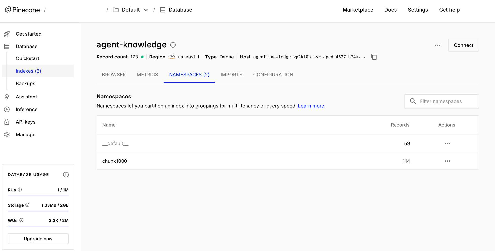 The agent-knowledge index in the Pinecone console