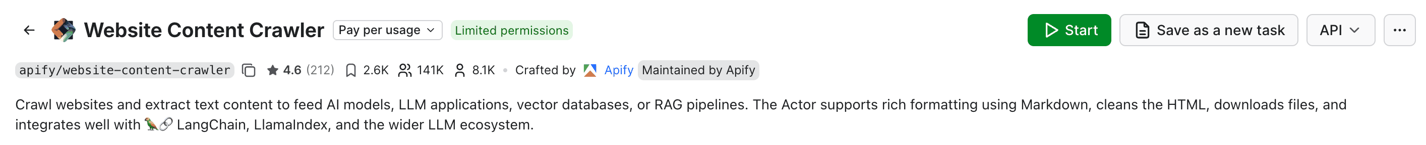 Website Content Crawler's Actor page in Apify Console, showing the "Limited permissions" badge