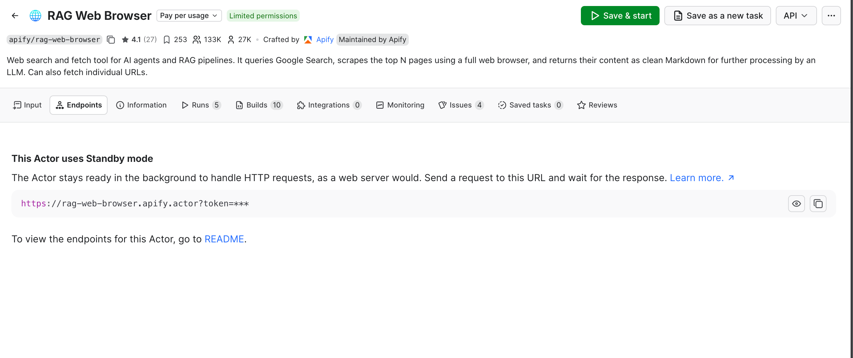 RAG Web Browser's Endpoints tab in Apify Console
