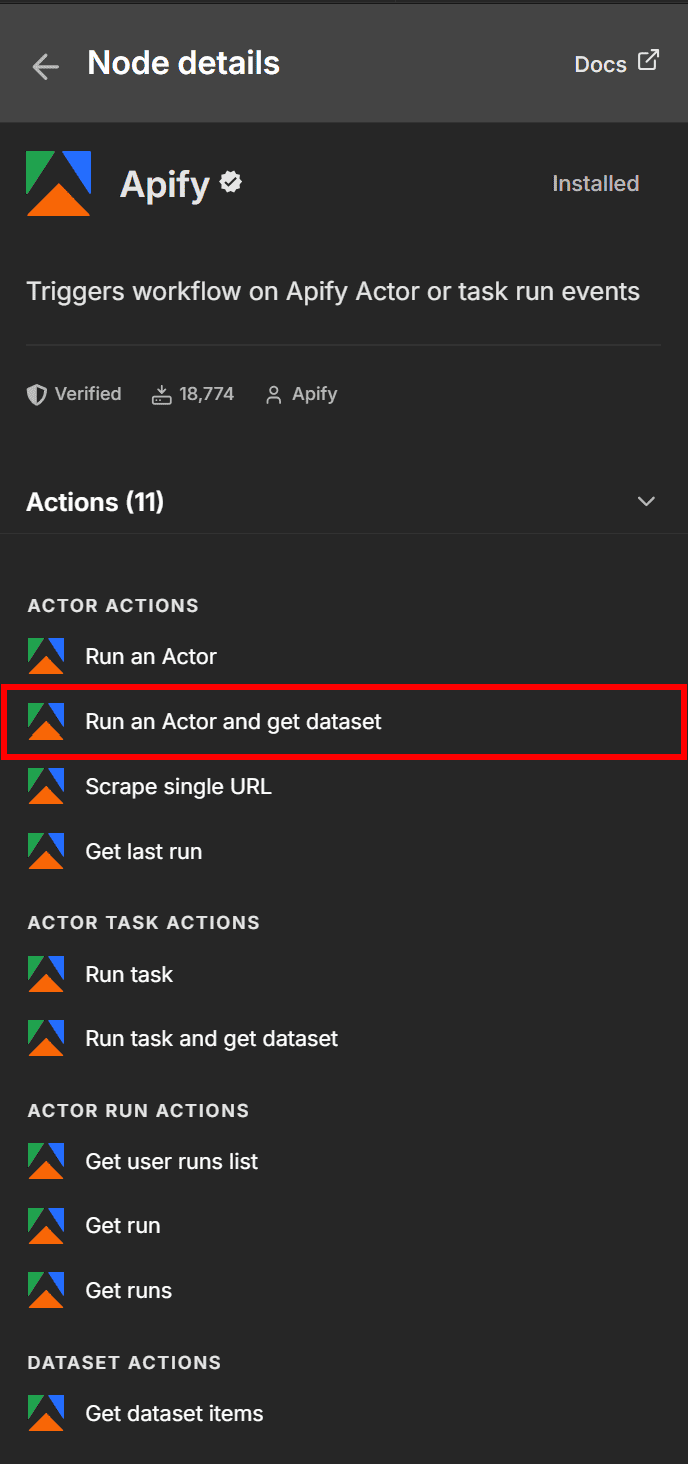 Selecting the Run an Actor and get dataset option
