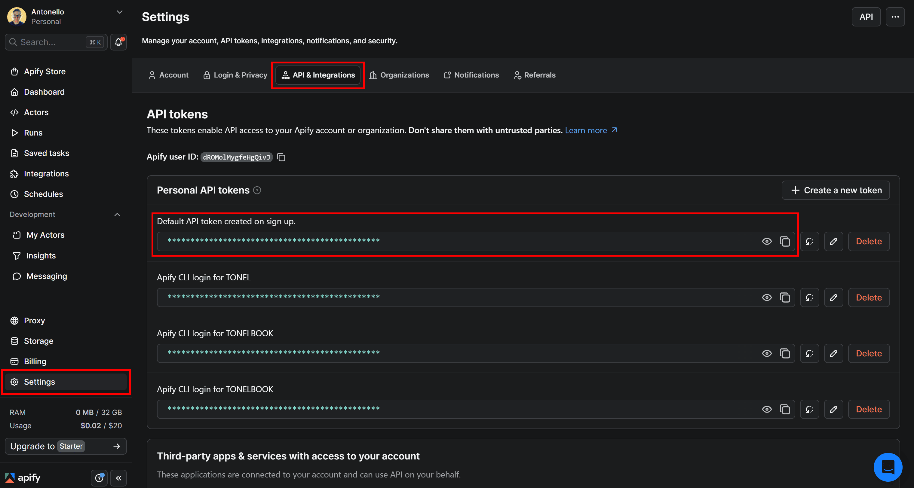 Getting the Apify API key token