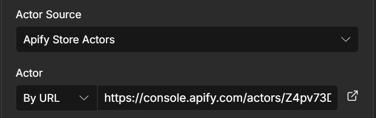 Configuring the Apify node to connect to the Wayfair Scraper (Pay Per Result) Actor