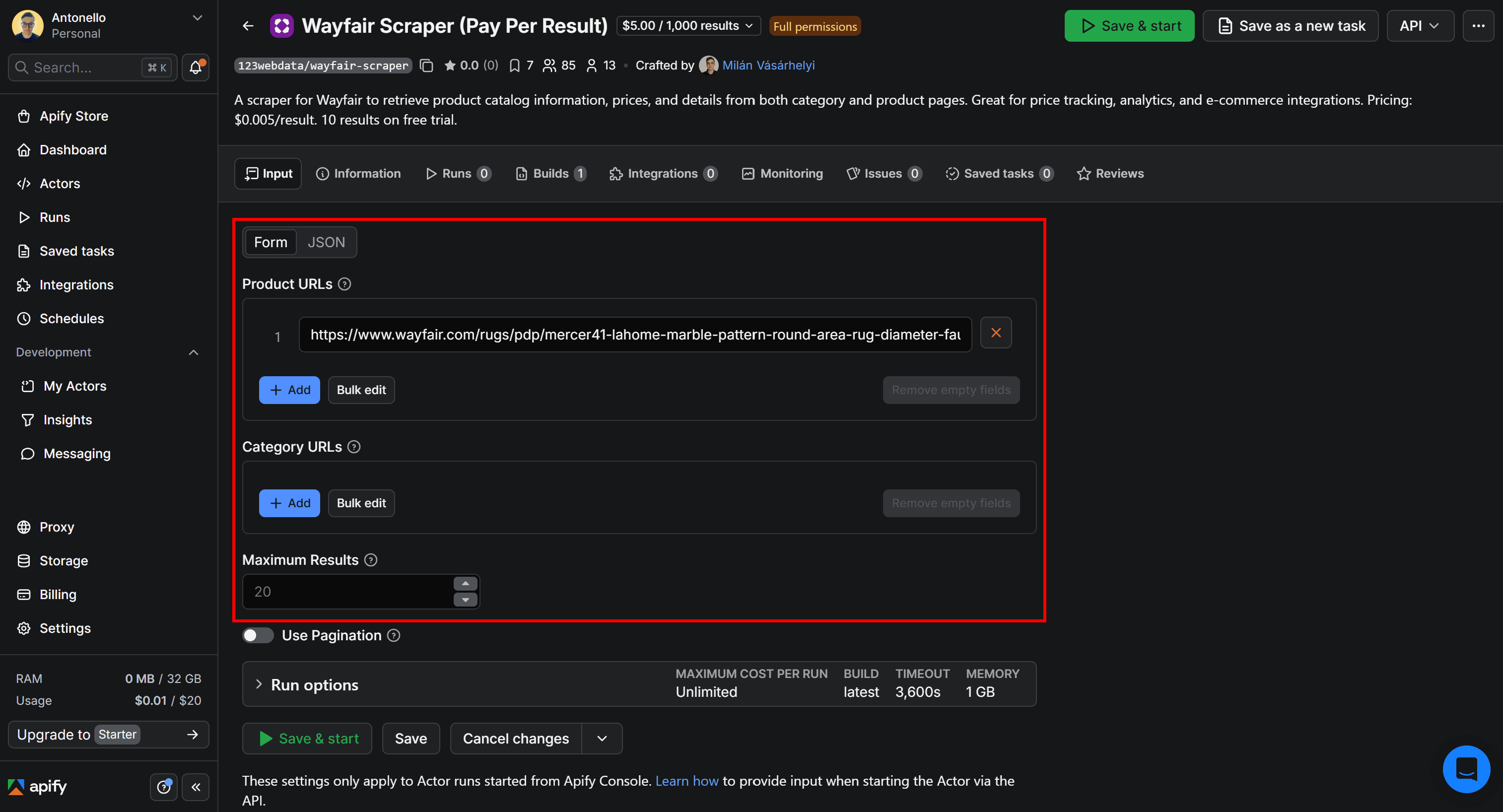 Configuring the Wayfair Scraper (Pay Per Result) run
