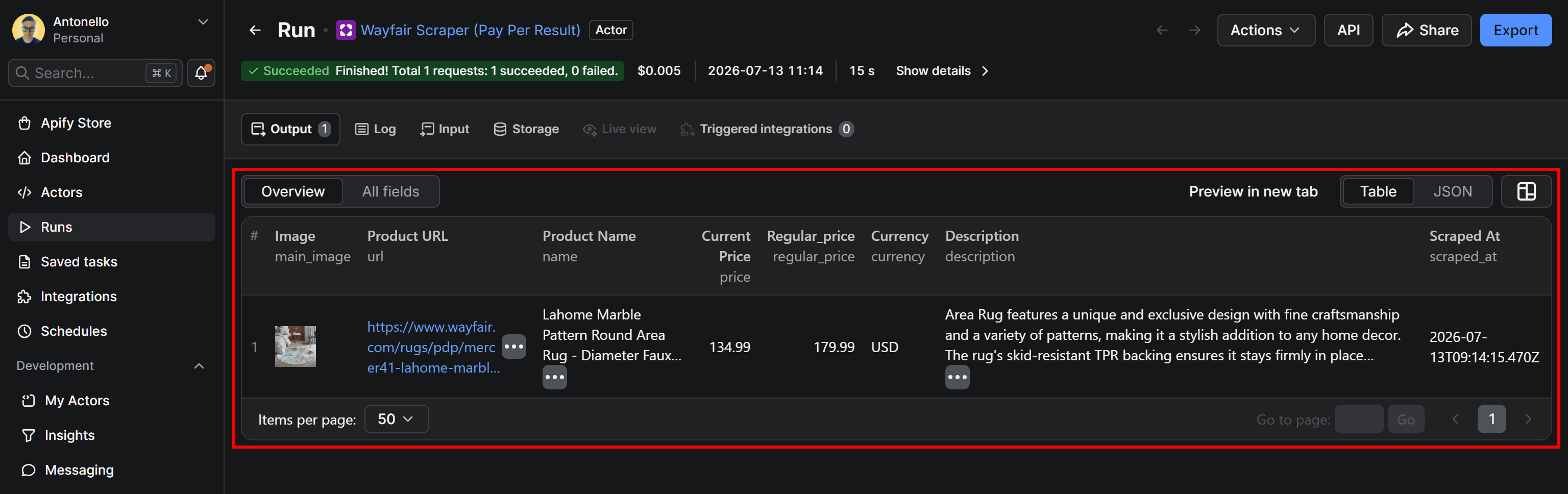 The structured Wayfair product data scraped by the Actor.