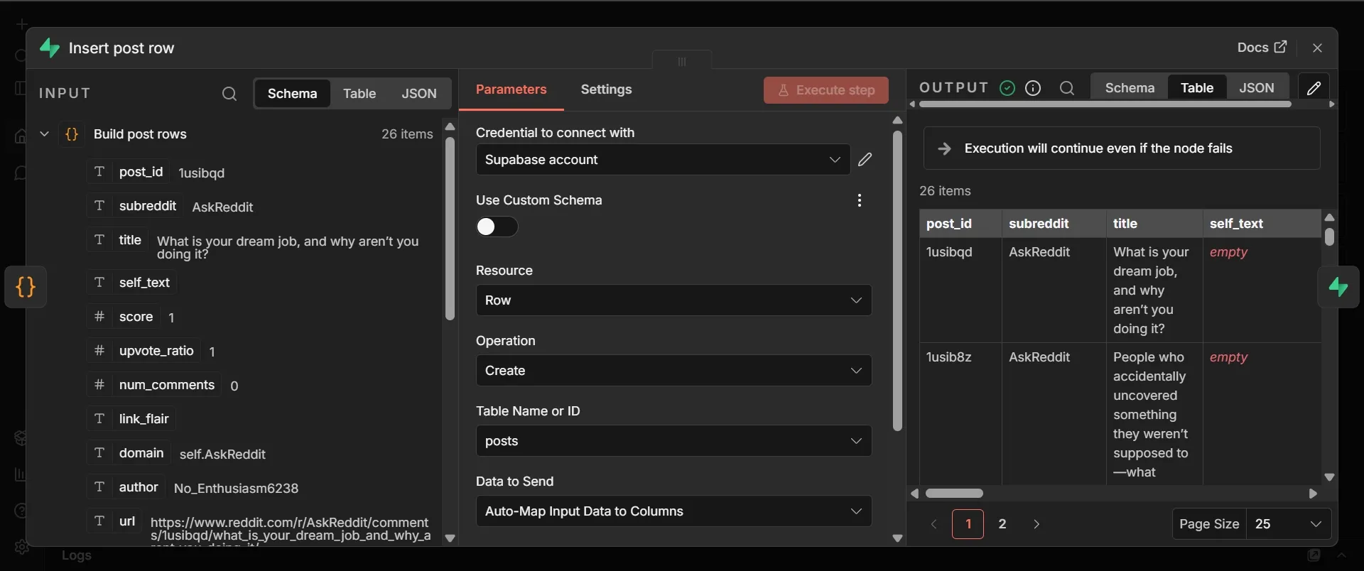 Opened insert post row node