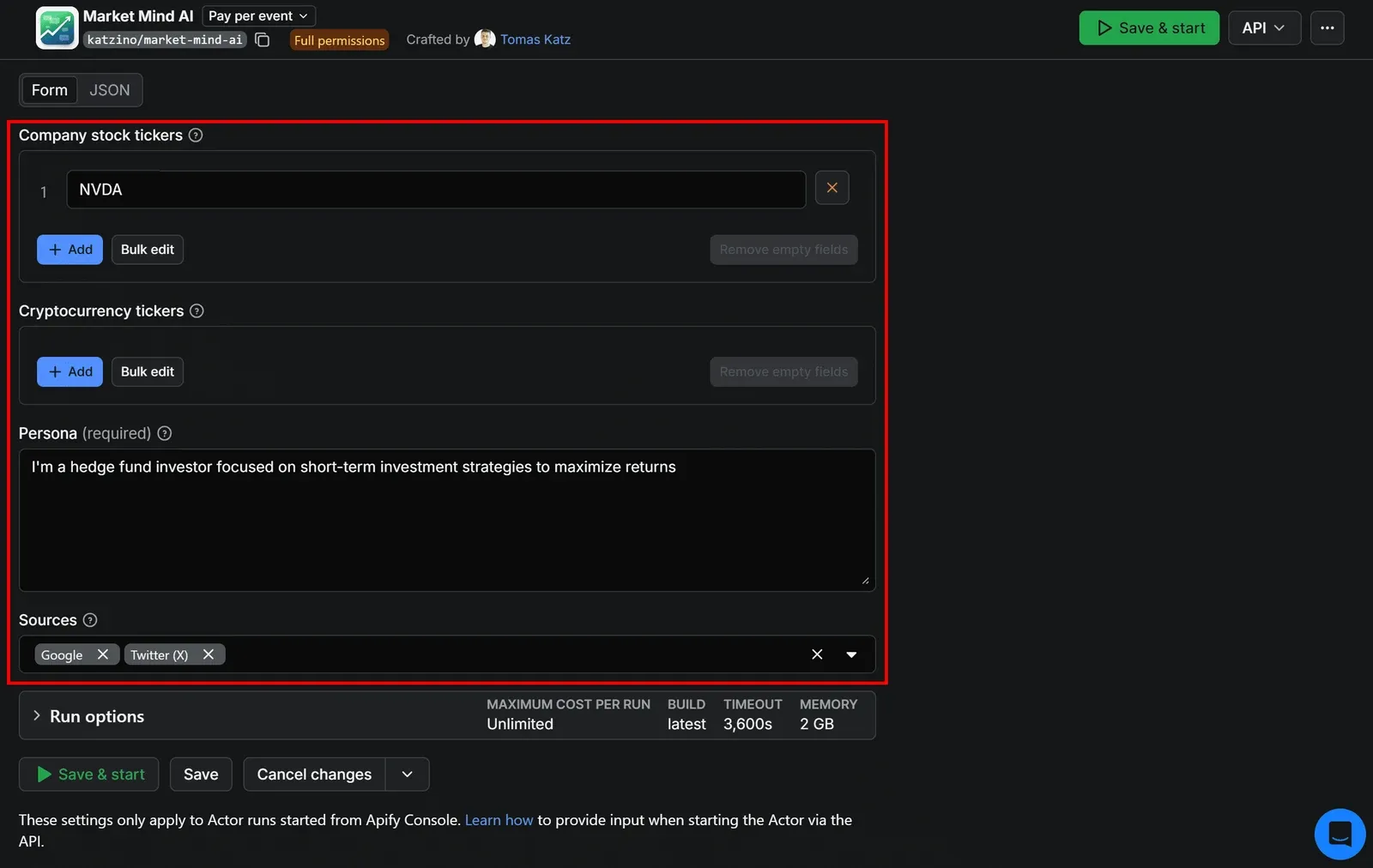 Populating the input fields for Market Mind AI
