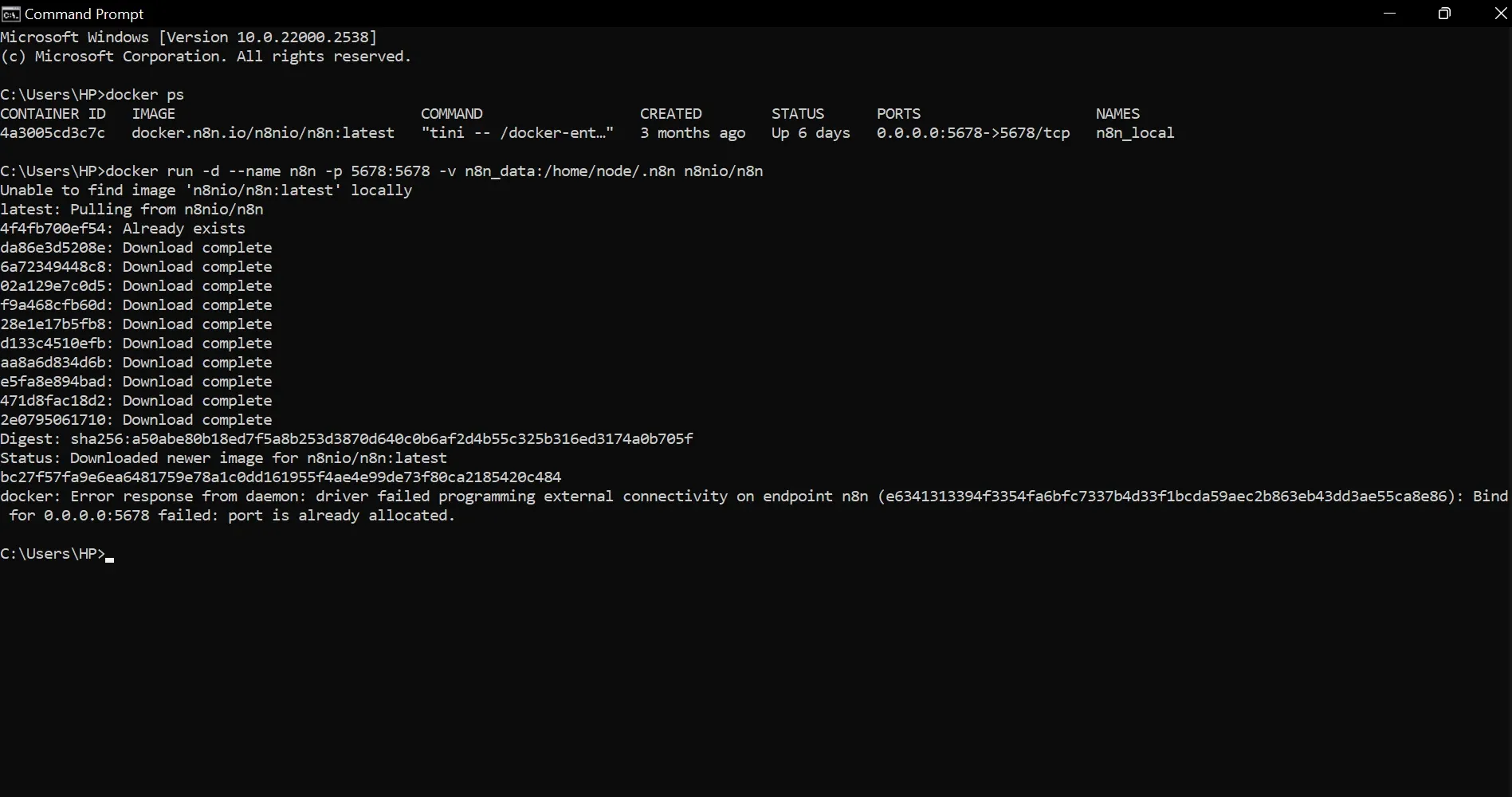 Open Command Line interface showing finished docker setup