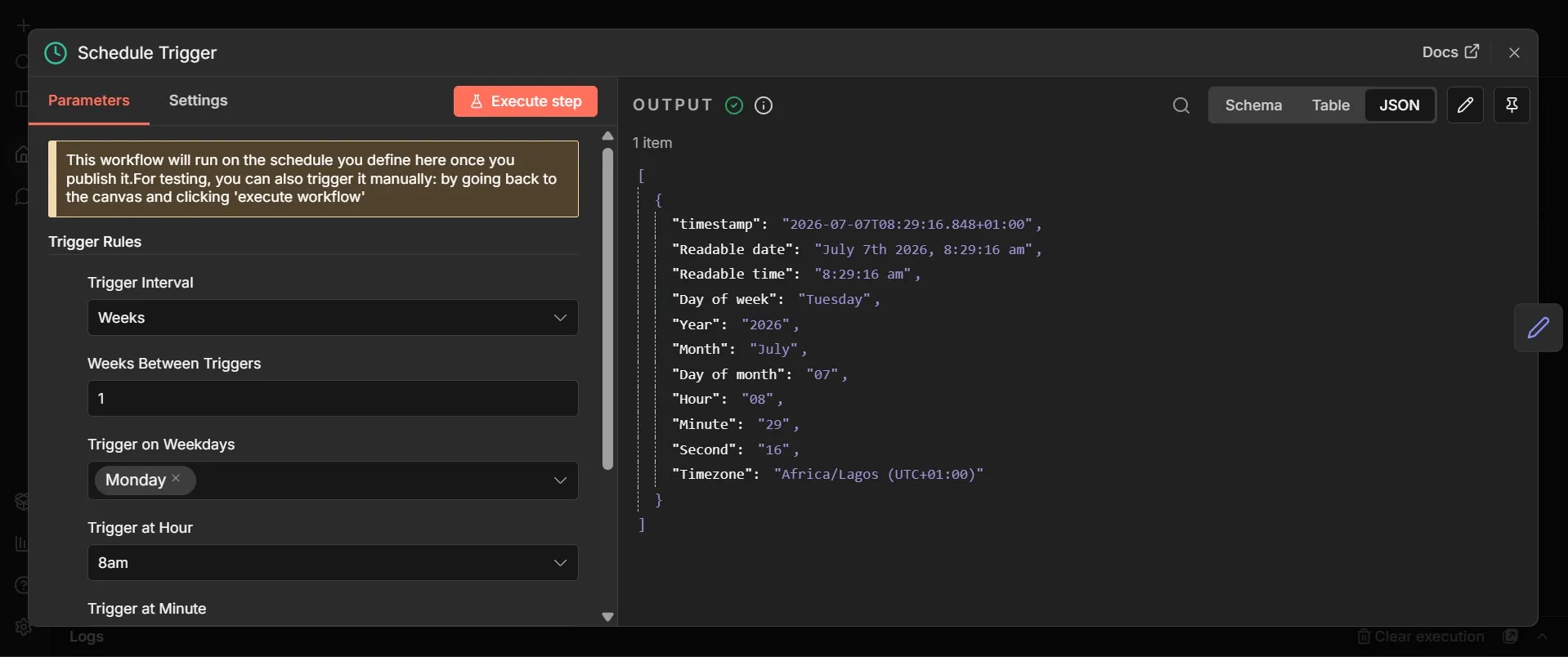 Opened Schedule trigger node