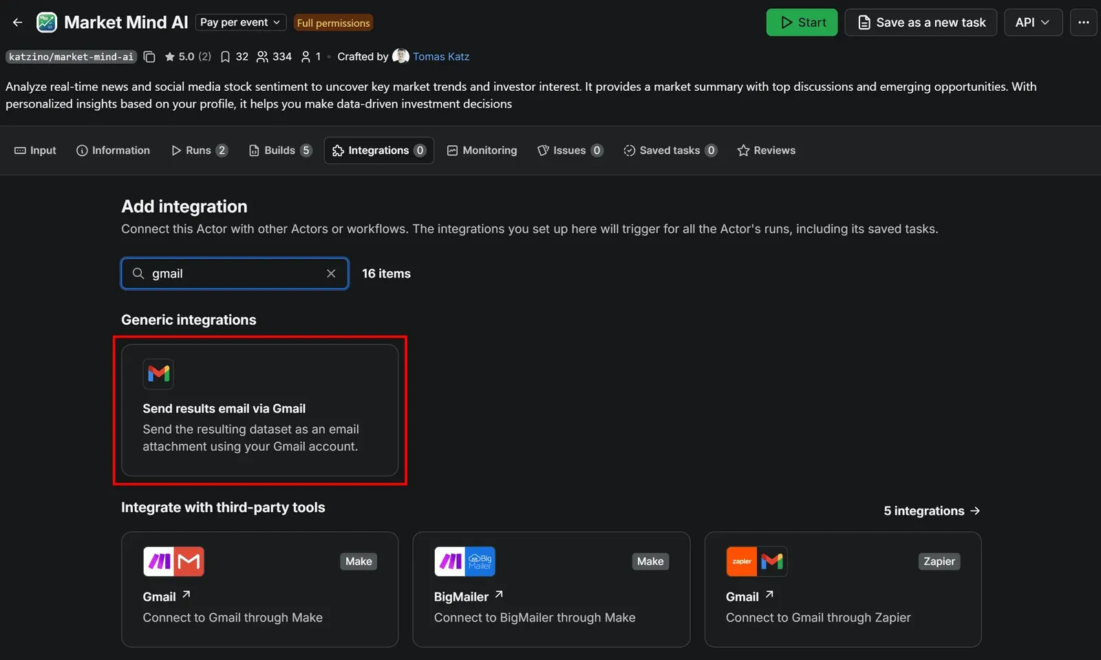 Selecting the Send results via Gmail option