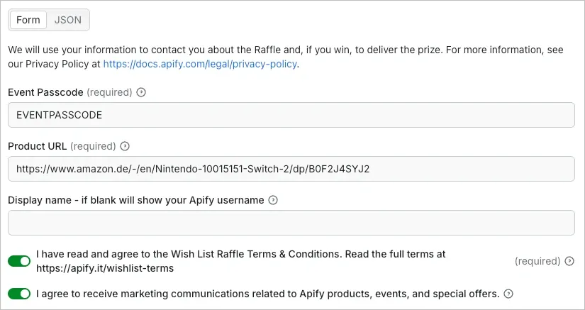 Submission Actor input form with a passcode and product URL