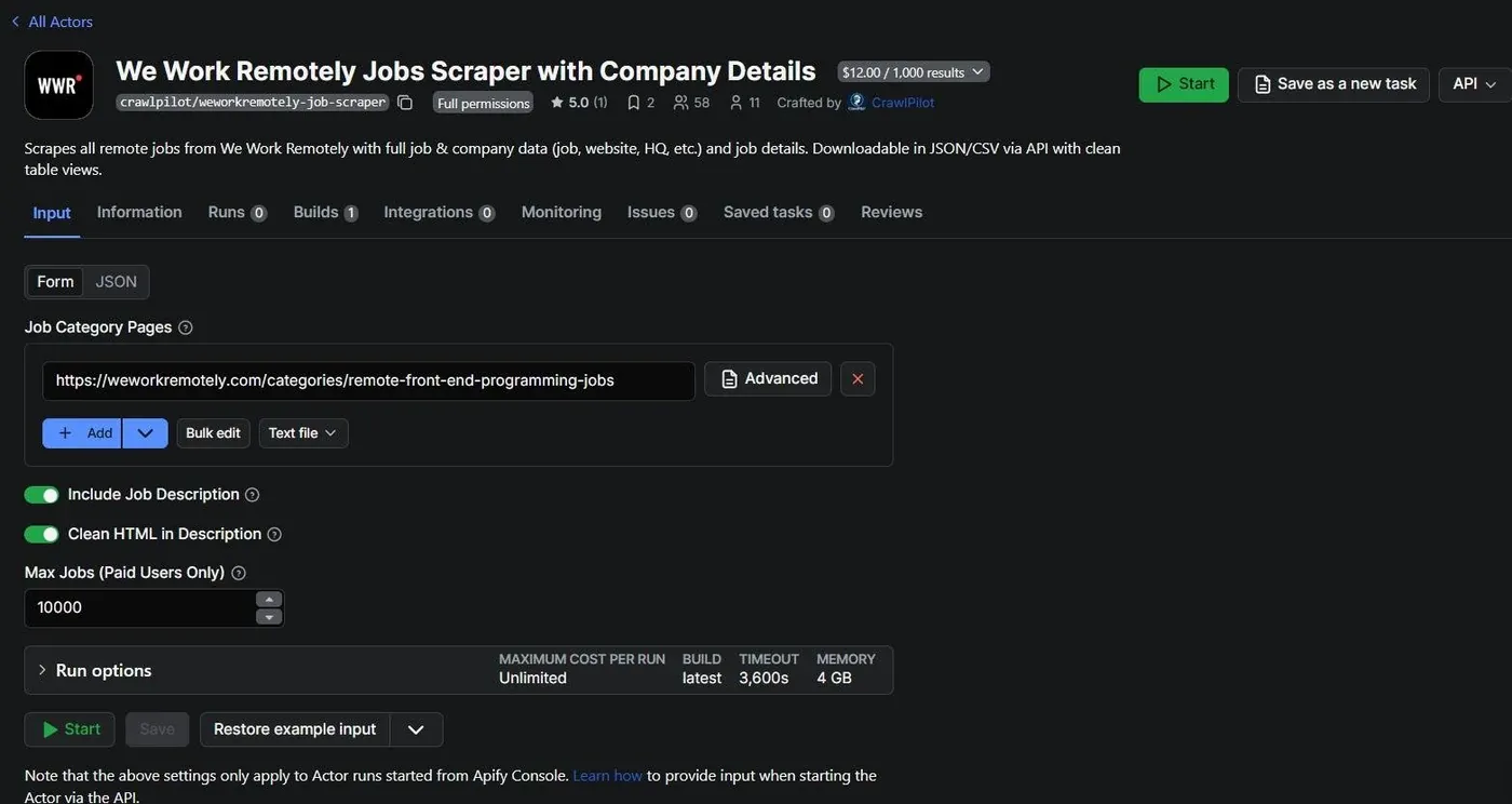 The We Work Remotely Jobs Scraper Actor page on Apify Store, showing a 5.0 rating and the input form with job category pages, description toggles, and a max jobs field.