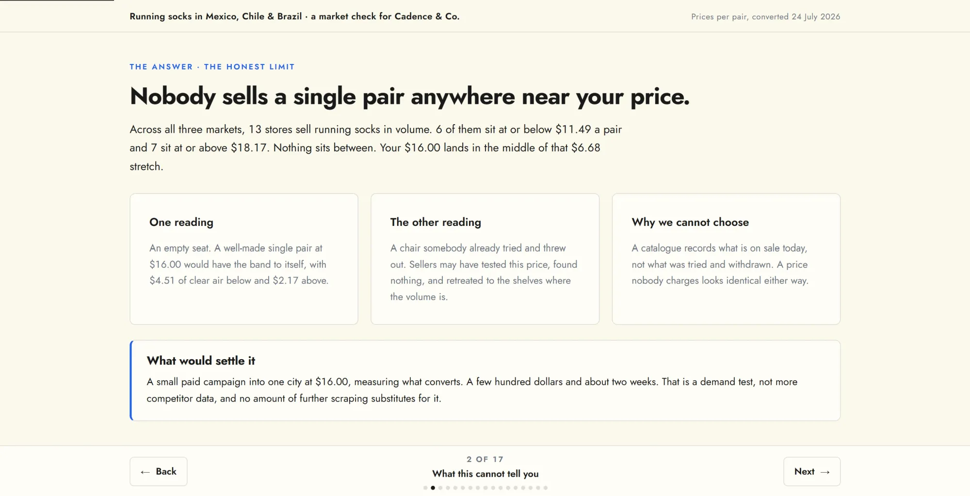 Report slide showing price gap between cheap and premium sock clusters, with readings.