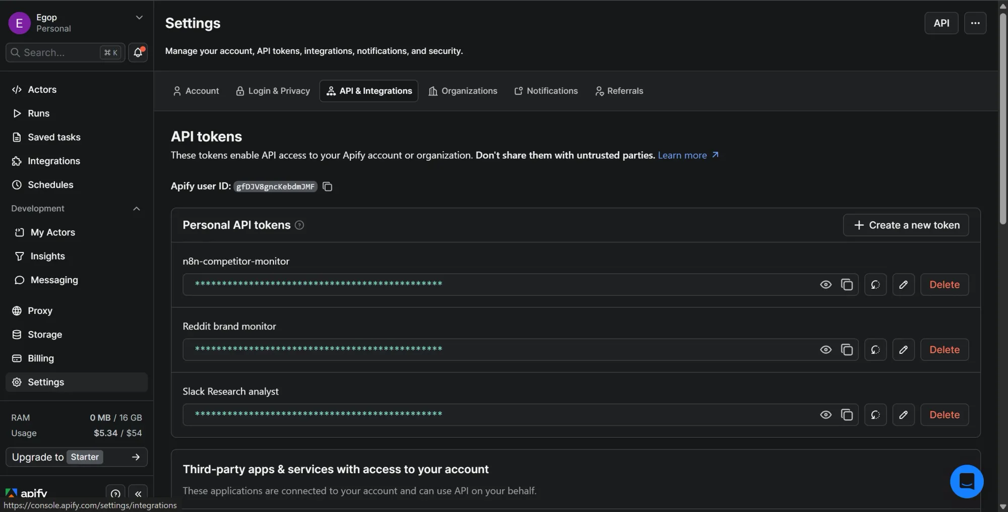 Apify Console showing masked API tokens, including one for the Slack research analyst