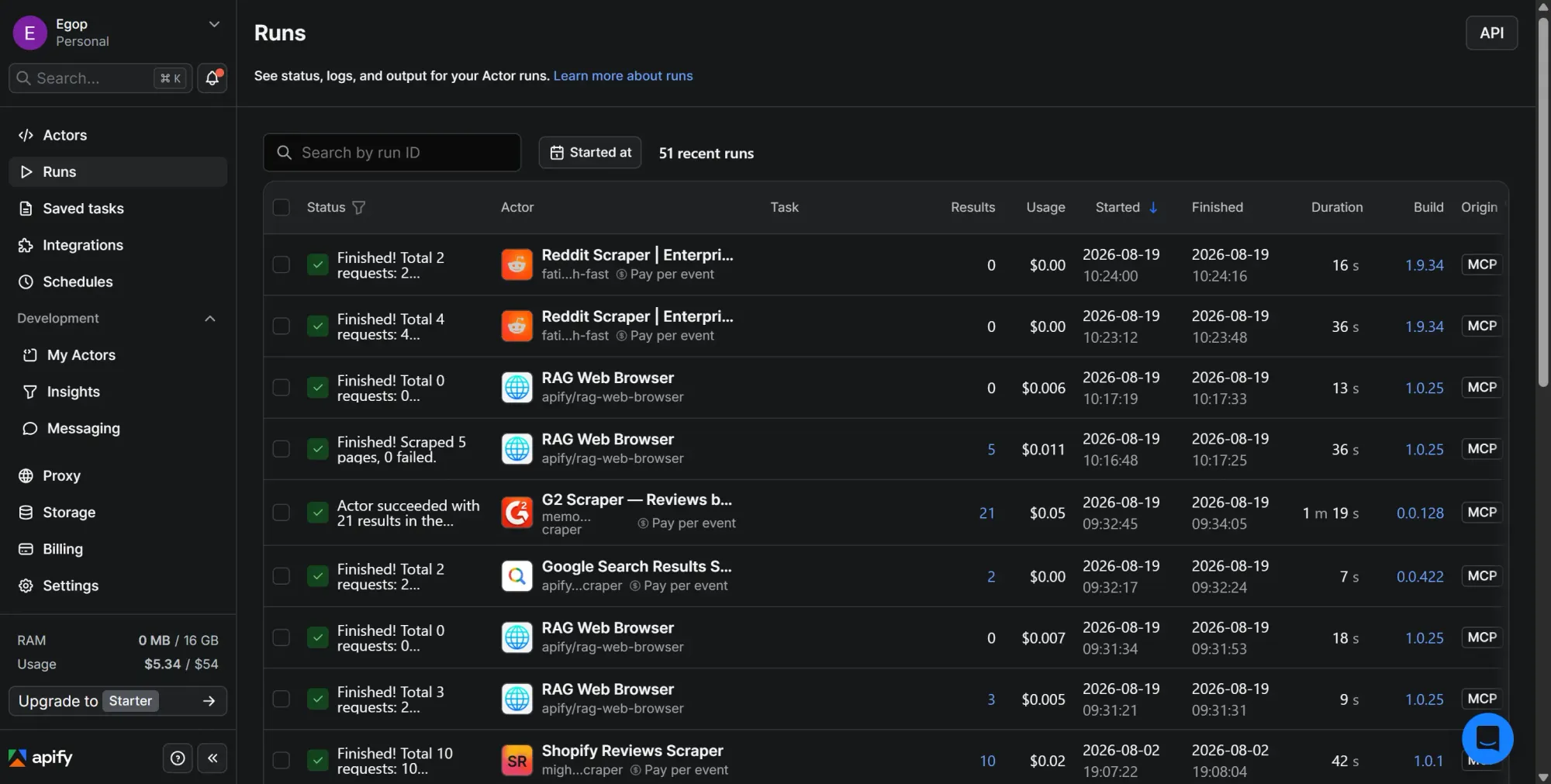 Apify Console showing recent Actor runs, results, costs, and durations