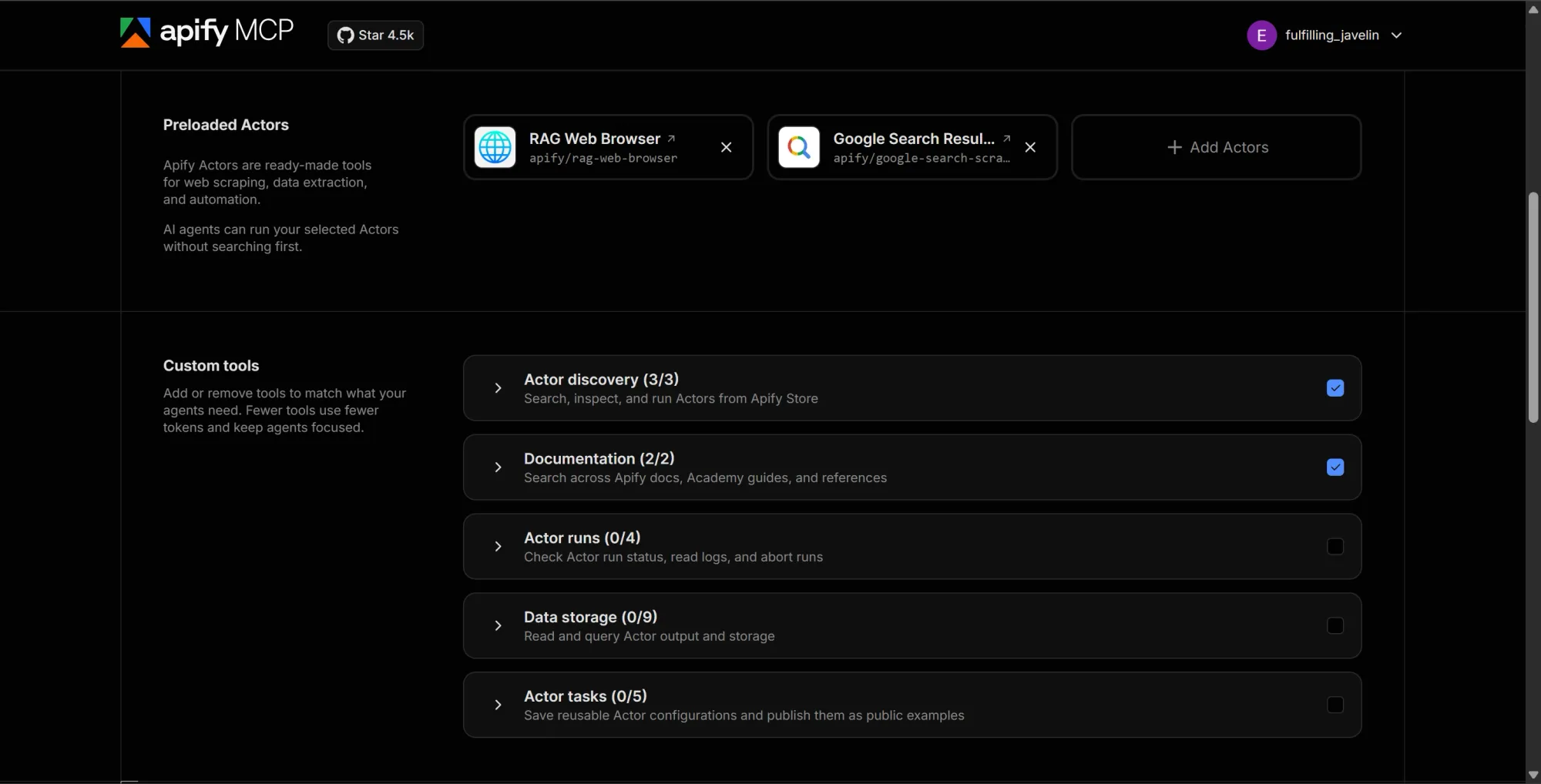 Apify MCP dashboard with preloaded Actors and discovery tools enabled
