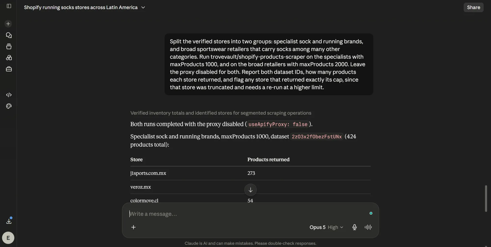 Claude scraping catalogs in two groups and reporting dataset IDs and product counts.